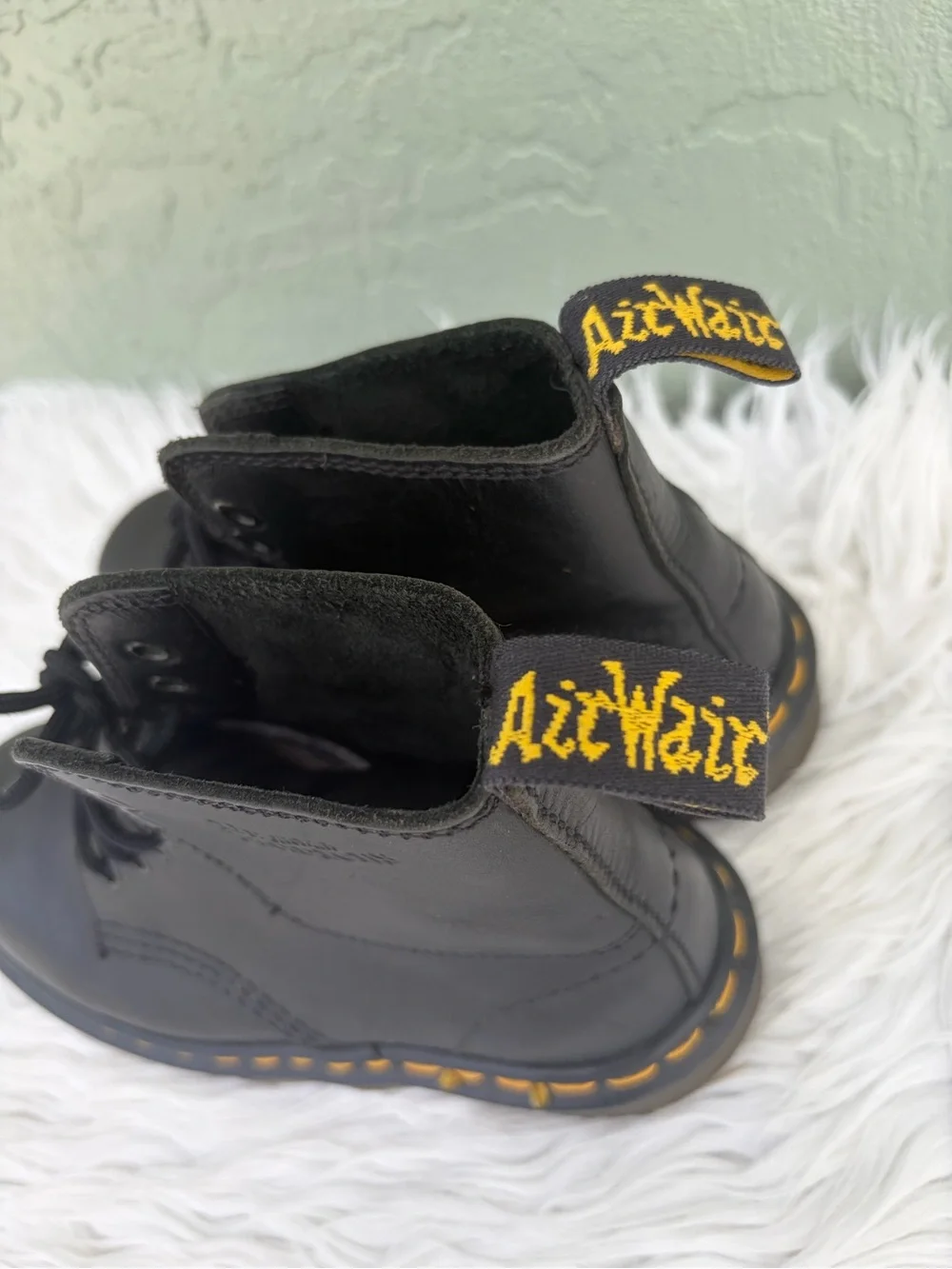 Dr. Martens Black Leather Ankle Boots with Yellow Stitching NEW